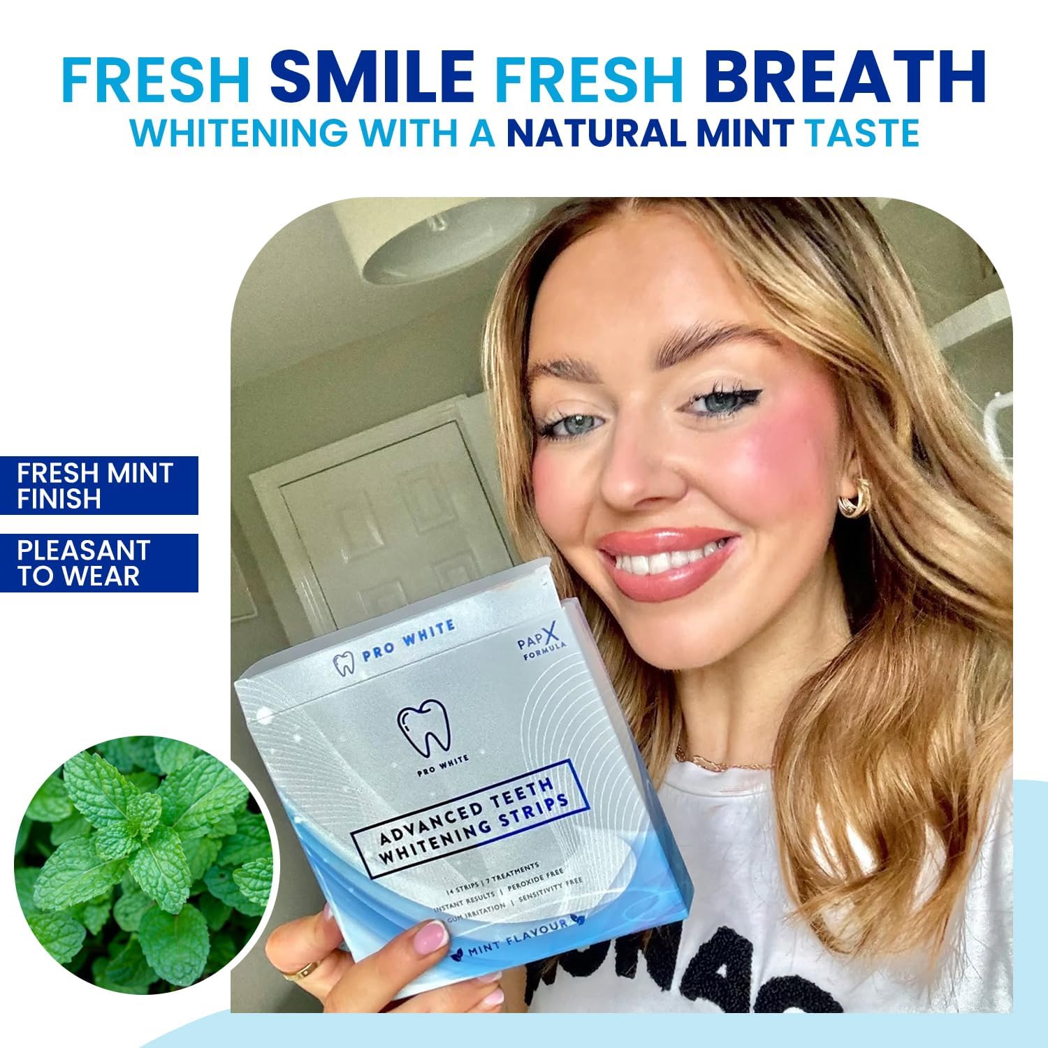 Gentle whitening formula shown on teeth, enamel-friendly
