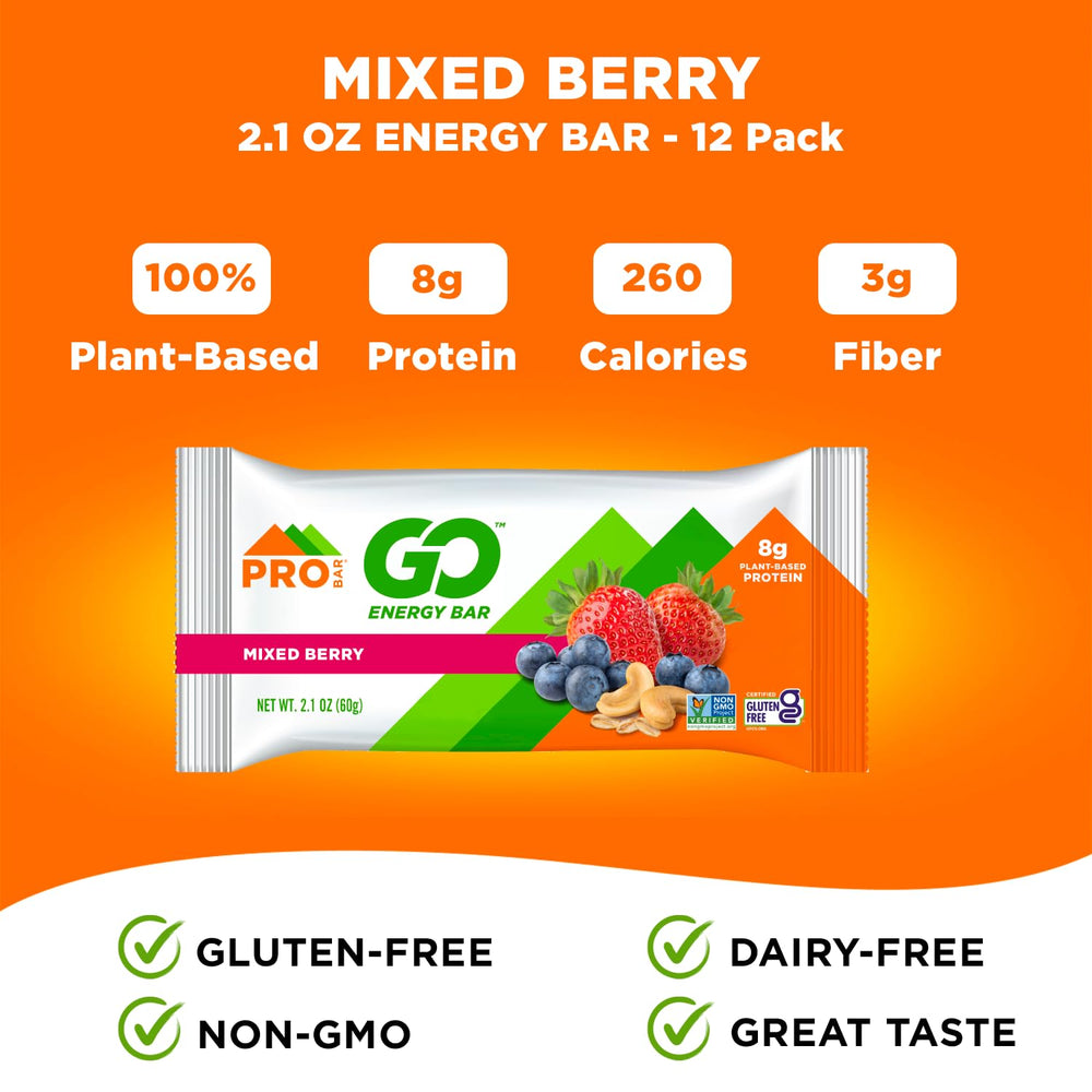 Probar GO Mixed Berry packaging shot emphasizing gluten-free and non-GMO credentials.