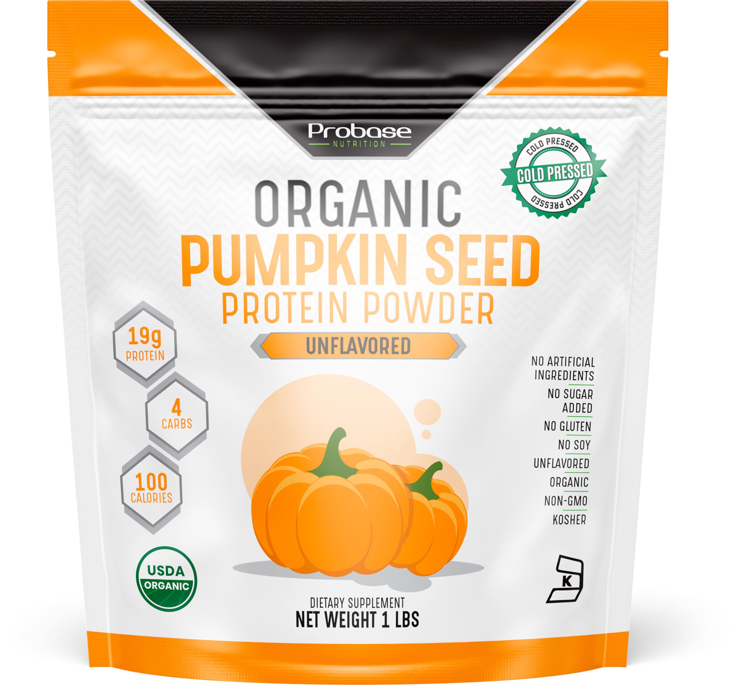 Probase Nutrition pumpkin seed protein powder label highlights organic plant-based protein