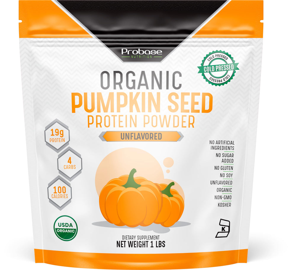 Probase Nutrition pumpkin seed protein powder label highlights organic plant-based protein