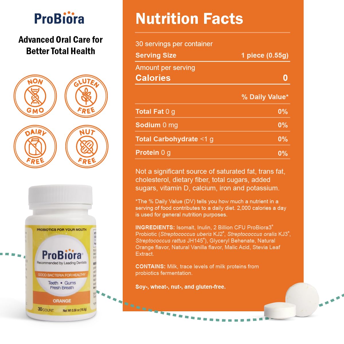 Close-up of orange-flavored chewable tablets