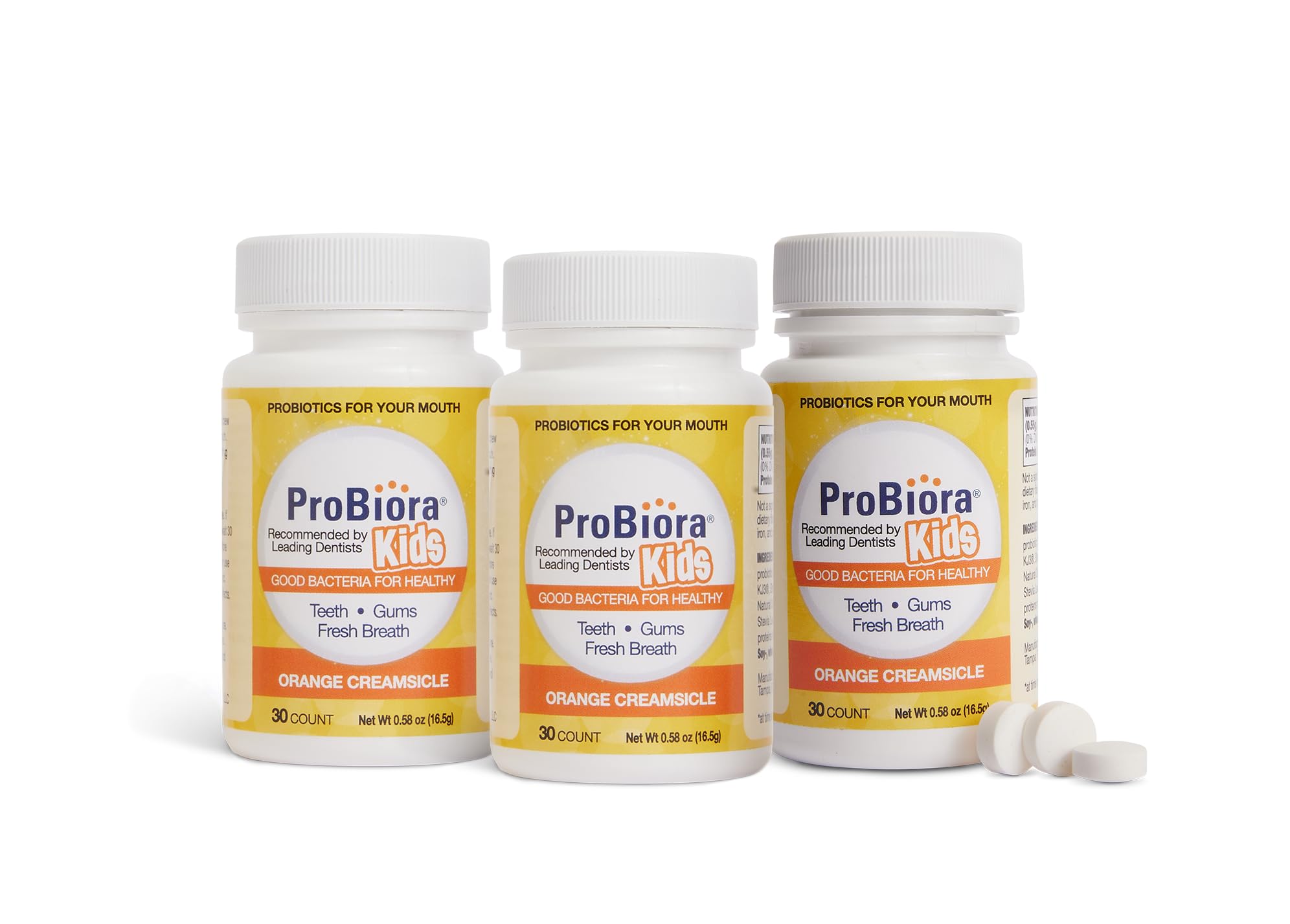 Front view of ProBiora Kids oral-care probiotic tablets packaging