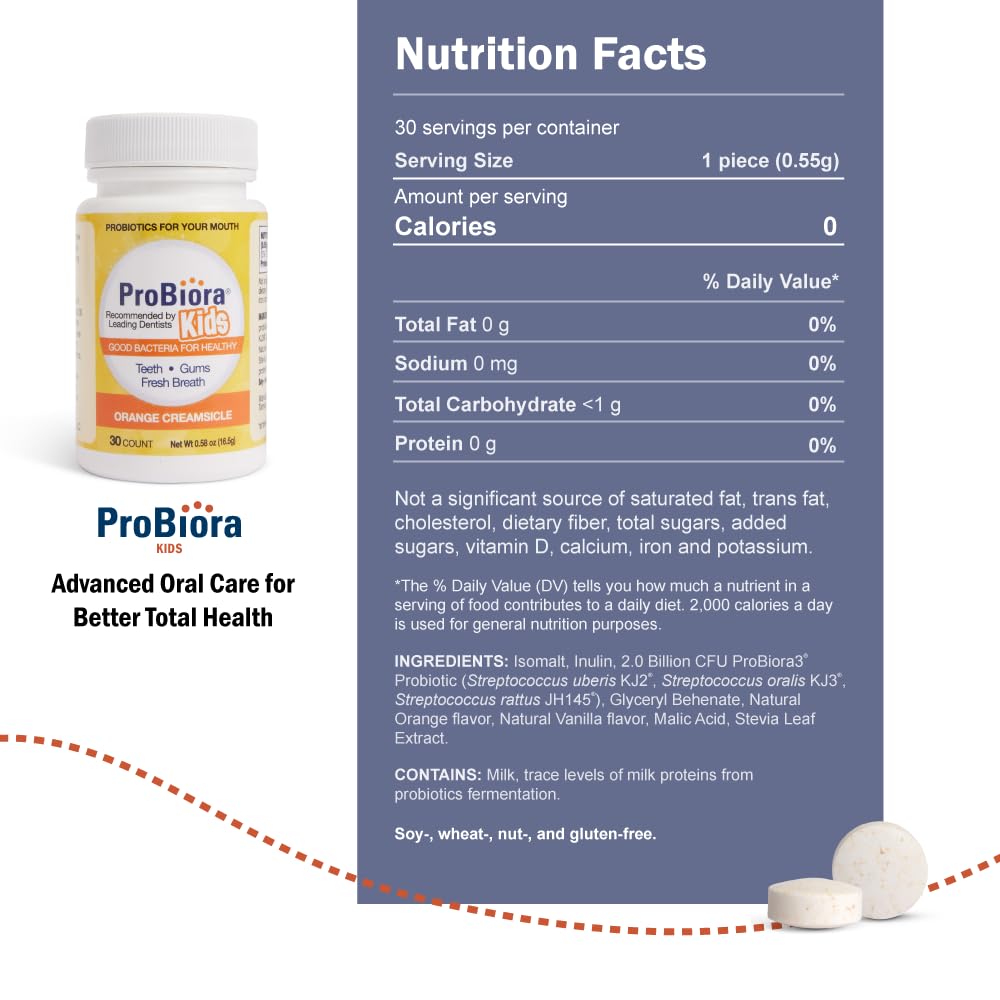 Close-up of ProBiora Kids orange-flavor chewable probiotic tablet