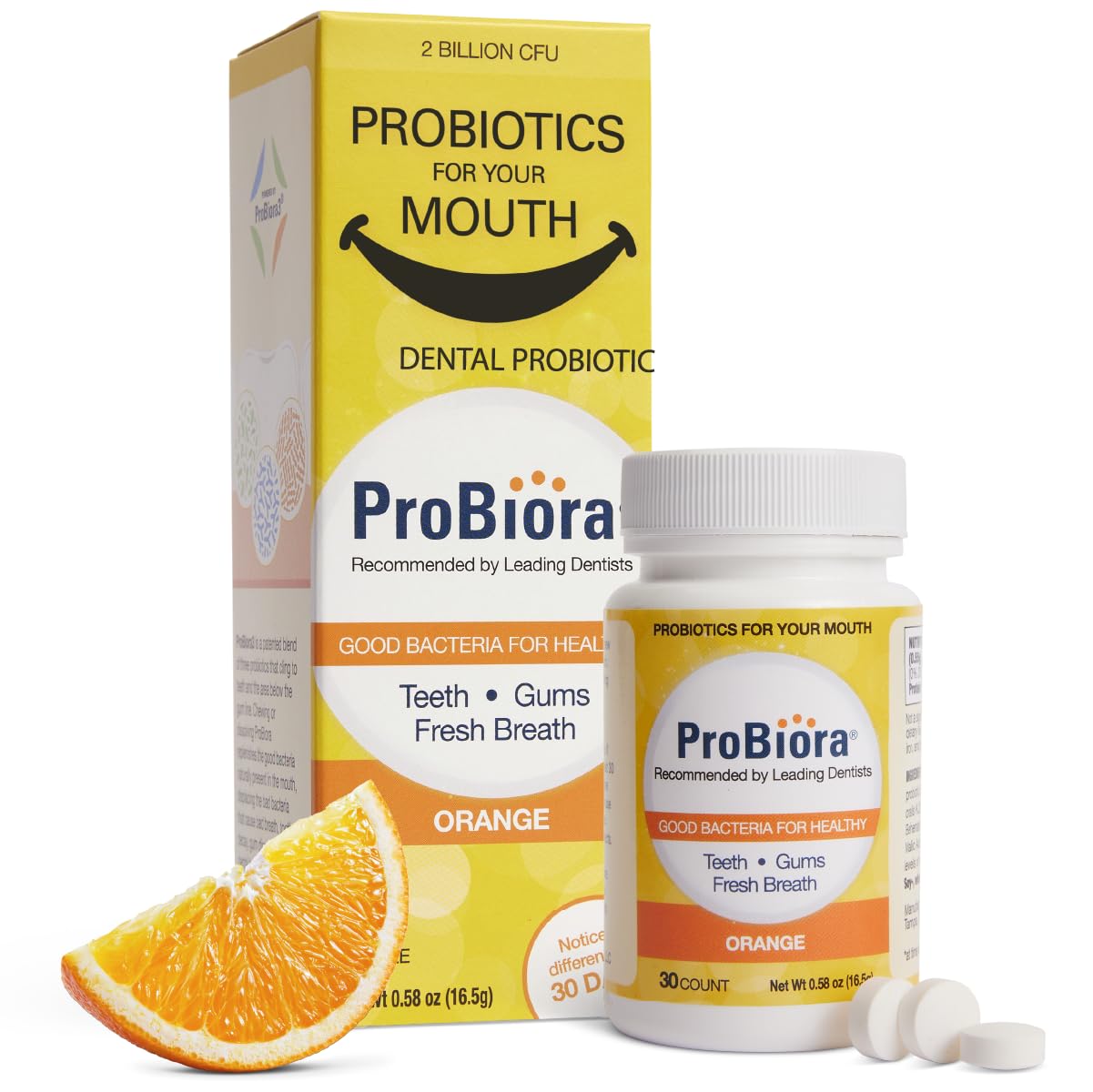 Front view of ProBiora Oral-Care chewable probiotic tablets in orange flavor