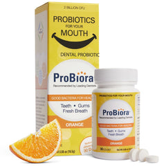 Front view of ProBiora Oral-Care chewable probiotic tablets in orange flavor