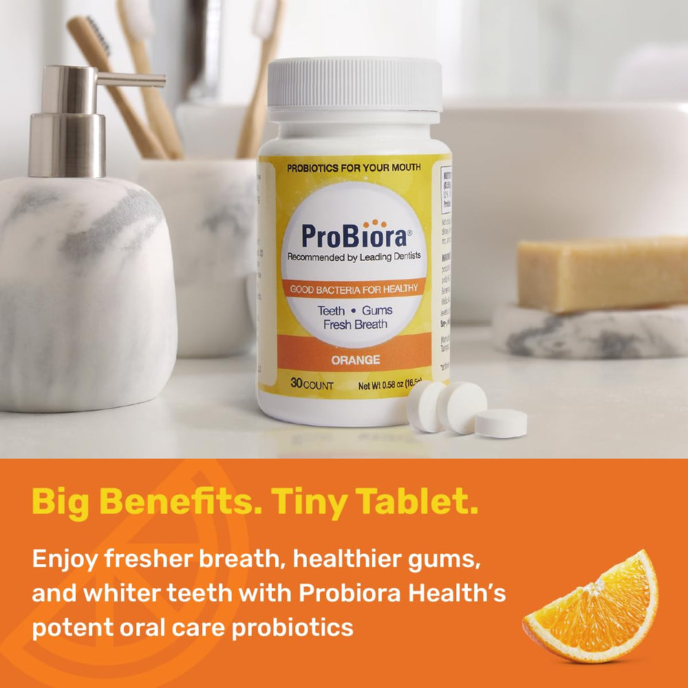Illustration of healthy teeth and gums with ProBiora probiotic tablets
