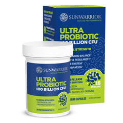 Bottle labeled probiotic 100 Billion CFU with 16 strains, 30 capsules
