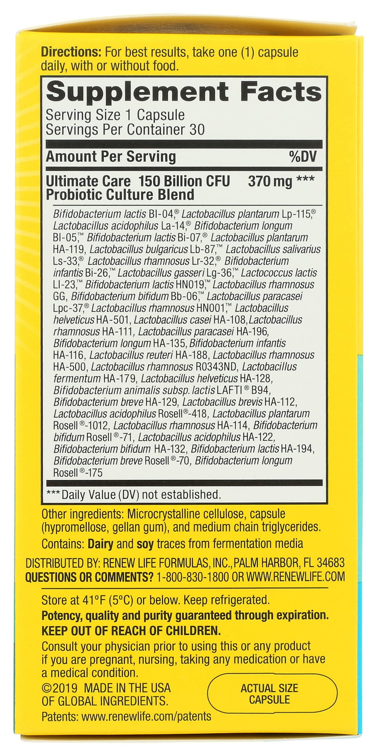 Nutrition facts panel for PROBIOTIC 150B ULTMT Care