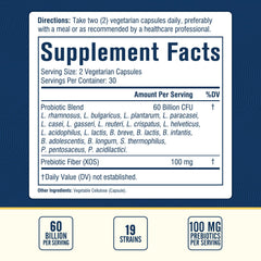 Close-up of probiotic capsules showing 60B CFU and 19 strains