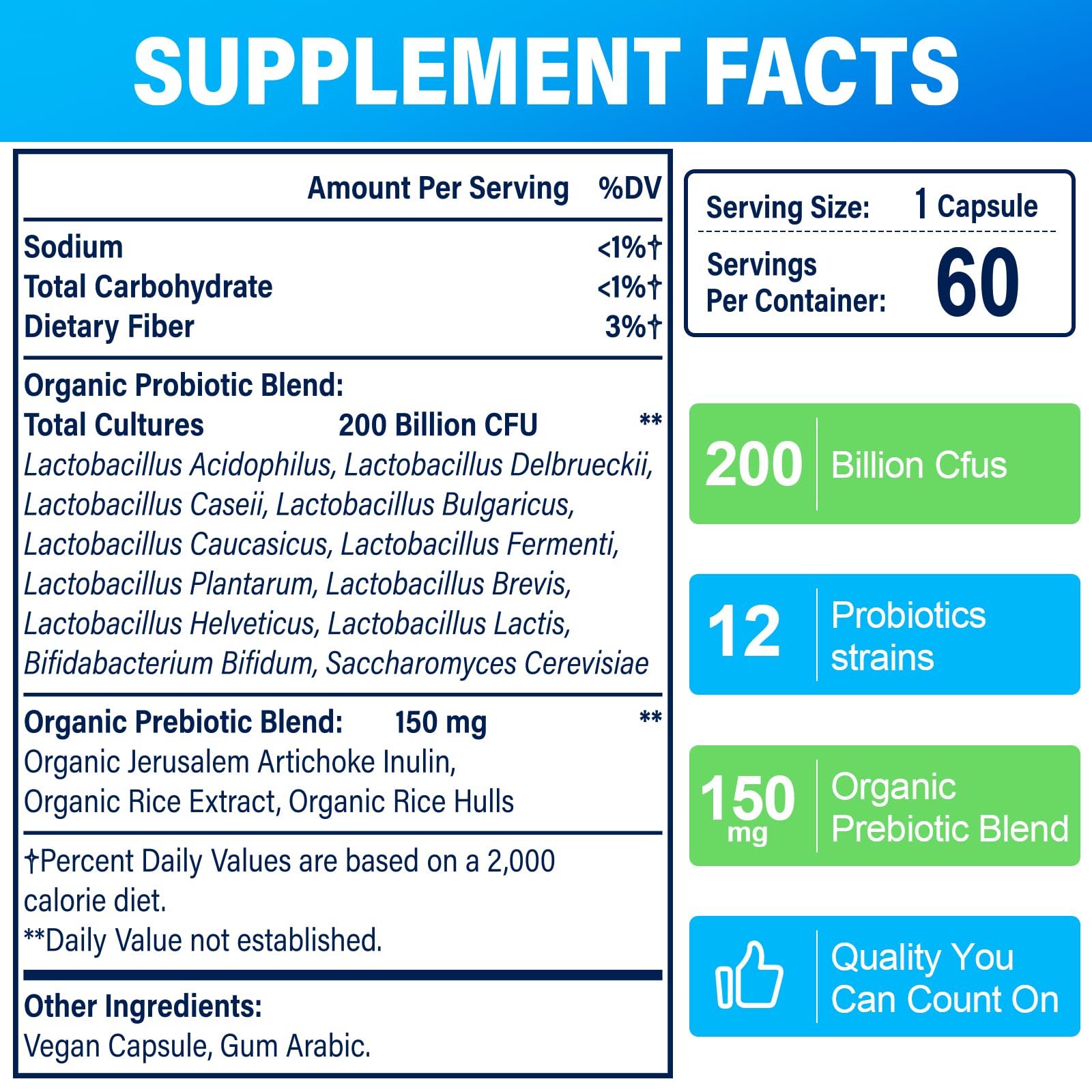 Probiotic bottle displaying 60 capsules with organic prebiotics