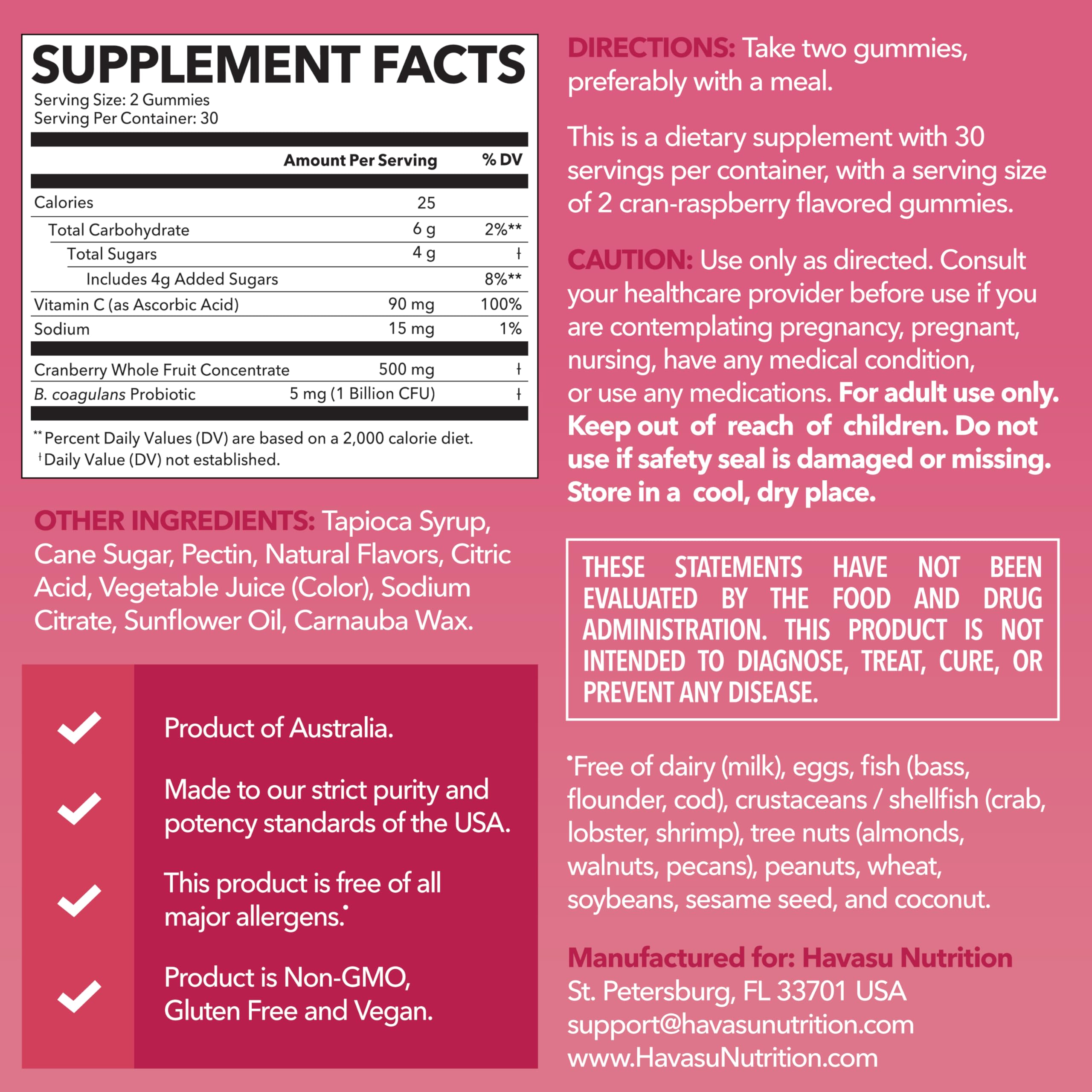 Back label of Cranberry Gummies bottle