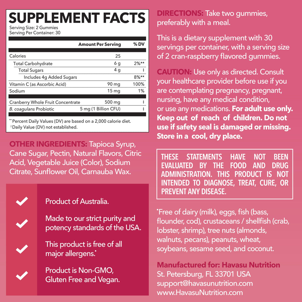 Back label of Cranberry Gummies bottle