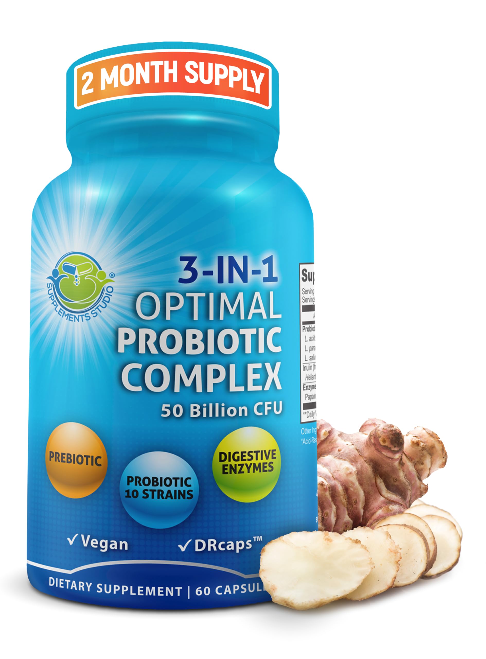 3-in-1 vegan probiotic capsule with digestive enzymes and prebiotic for women and men