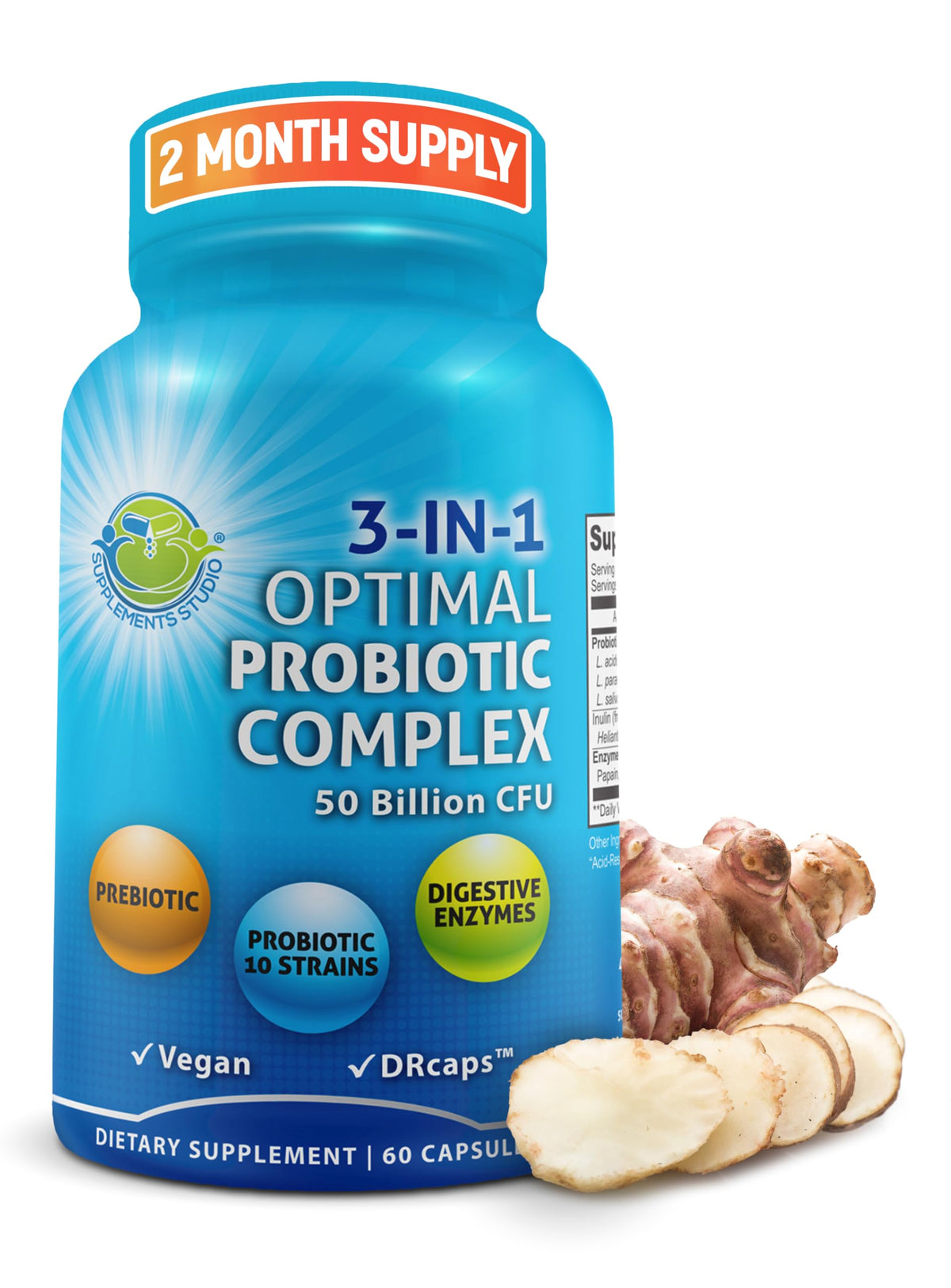 3-in-1 vegan probiotic capsule with digestive enzymes and prebiotic for women and men