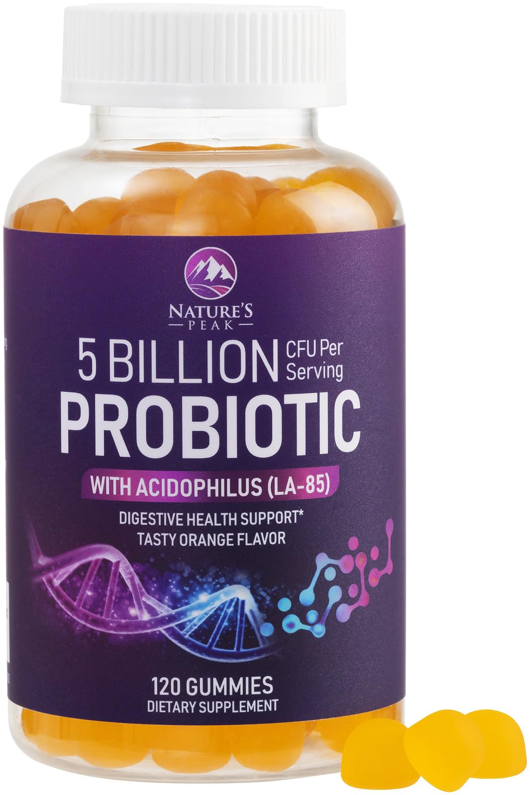 Bottle of orange-flavored probiotic gummies with 120-count label