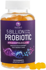 Bottle of orange-flavored probiotic gummies with 120-count label