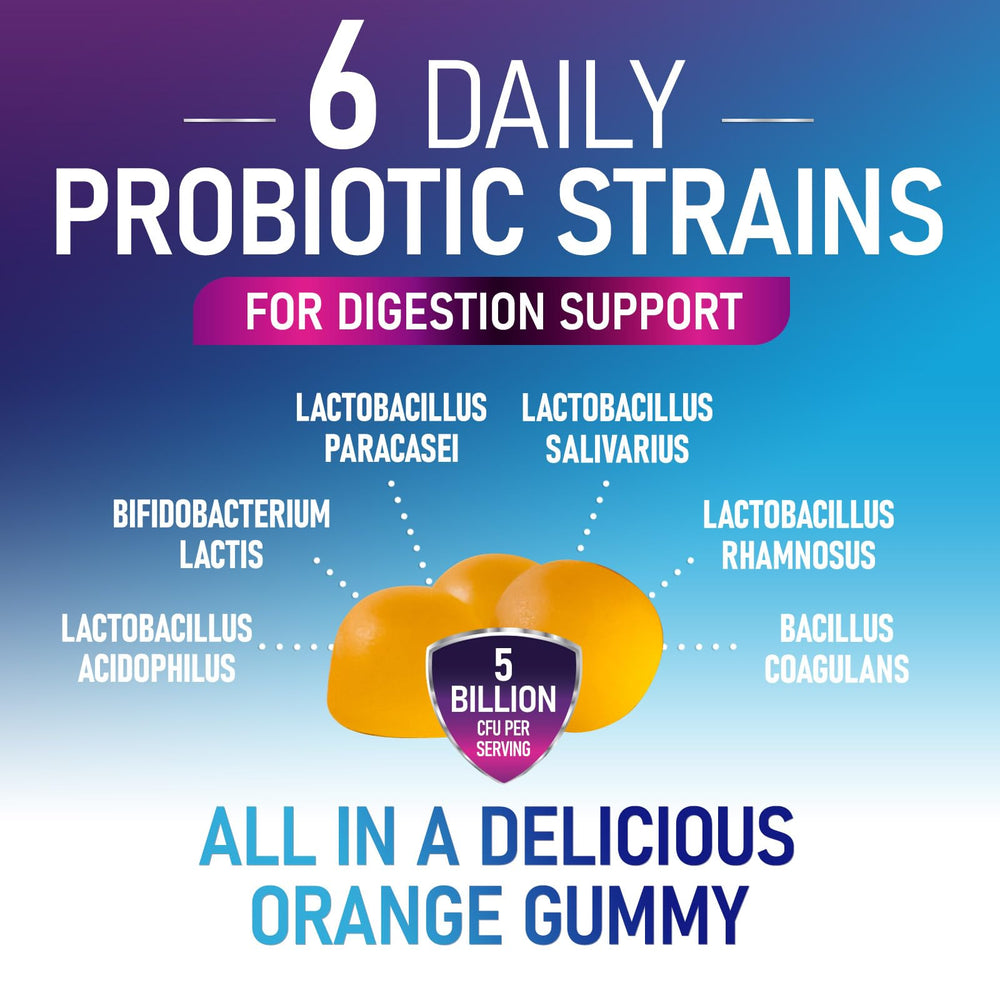 Bottle label highlighting 5 Billion CFU and 6 probiotic strains