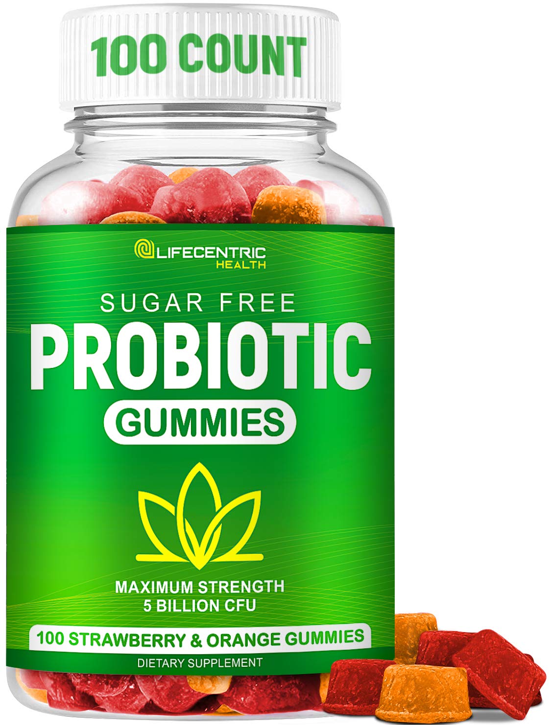 5 Billion CFU sugar-free probiotic gummies per serving in a 100-count bottle