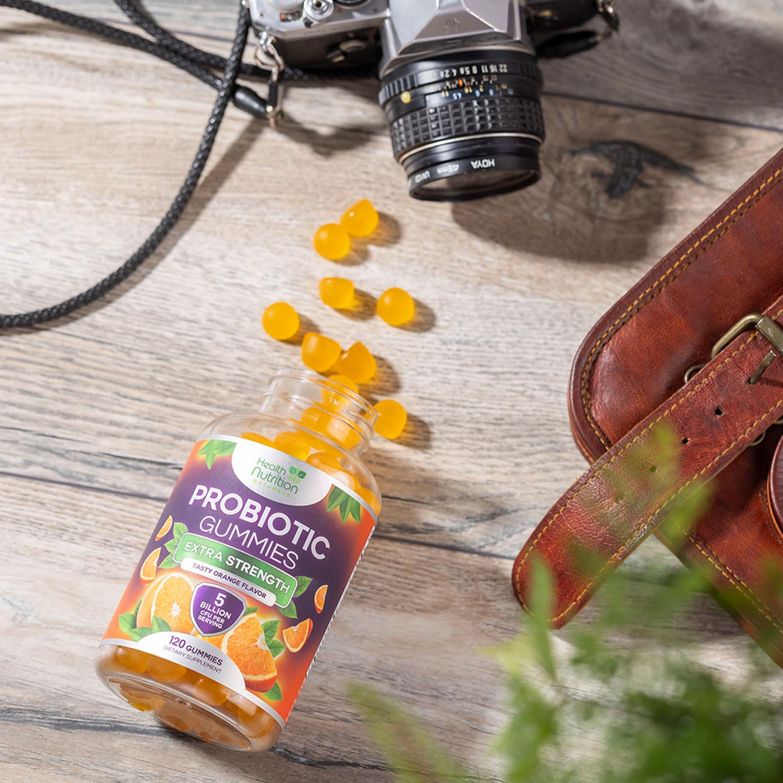 Close-up of probiotic gummies bottle with ingredients