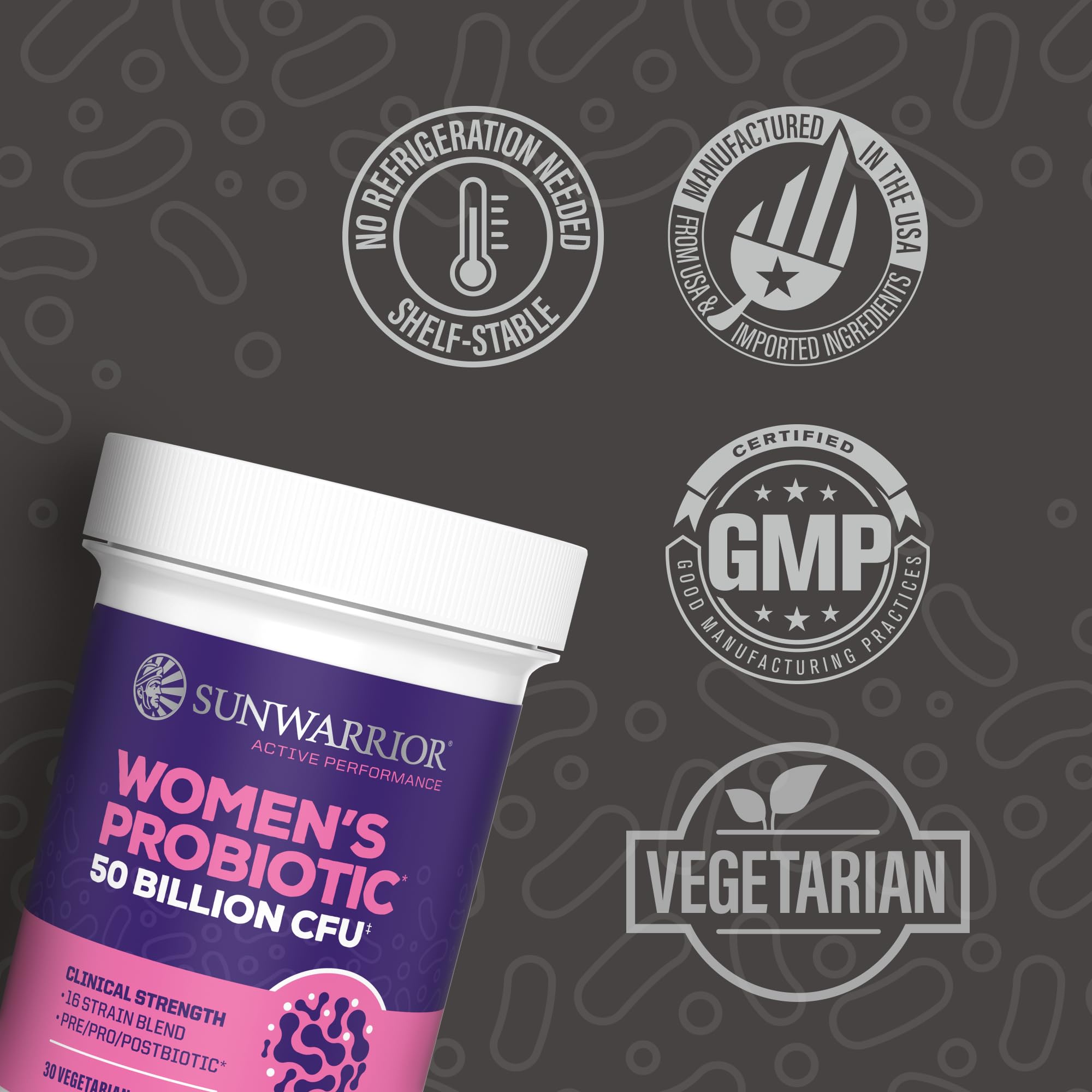 Ingredient panel featuring prebiotic acacia gum and postbiotic Saccharomyces cerevisiae