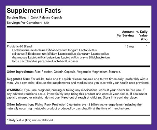 Supplement facts and ingredients panel for probiotic capsules