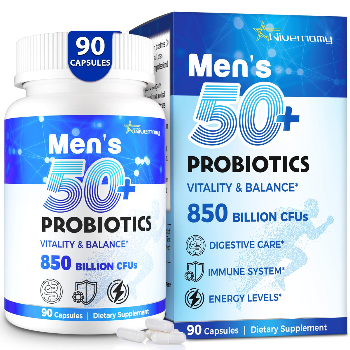 Bottle of Probiotics for Men 50+ with 850B CFU and 90 capsules