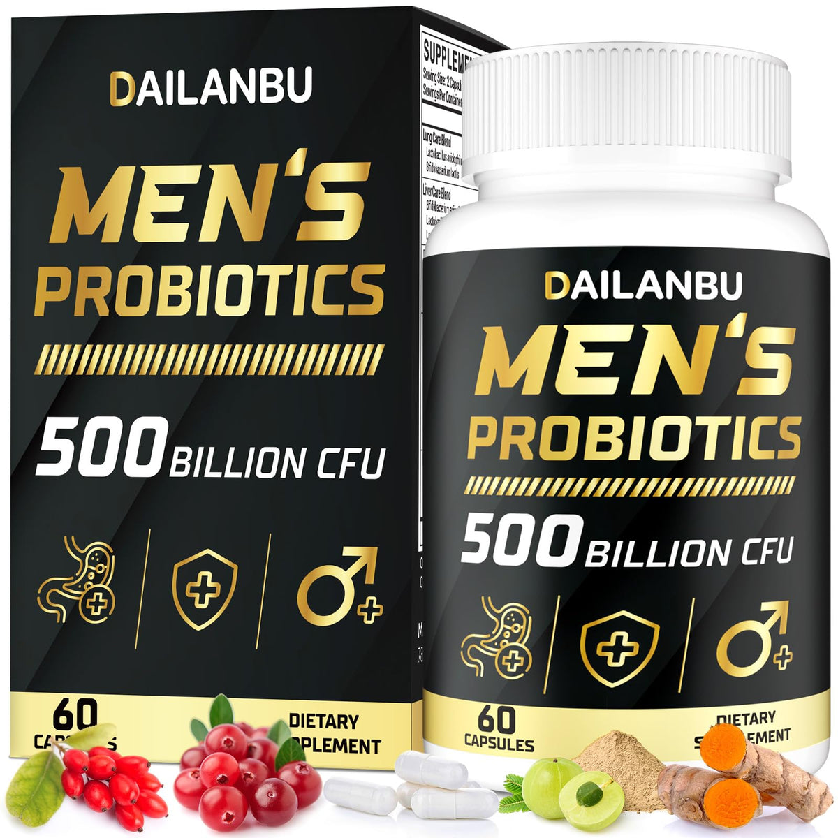 Bottle of probiotics for men with 500B CFU, 60 capsules