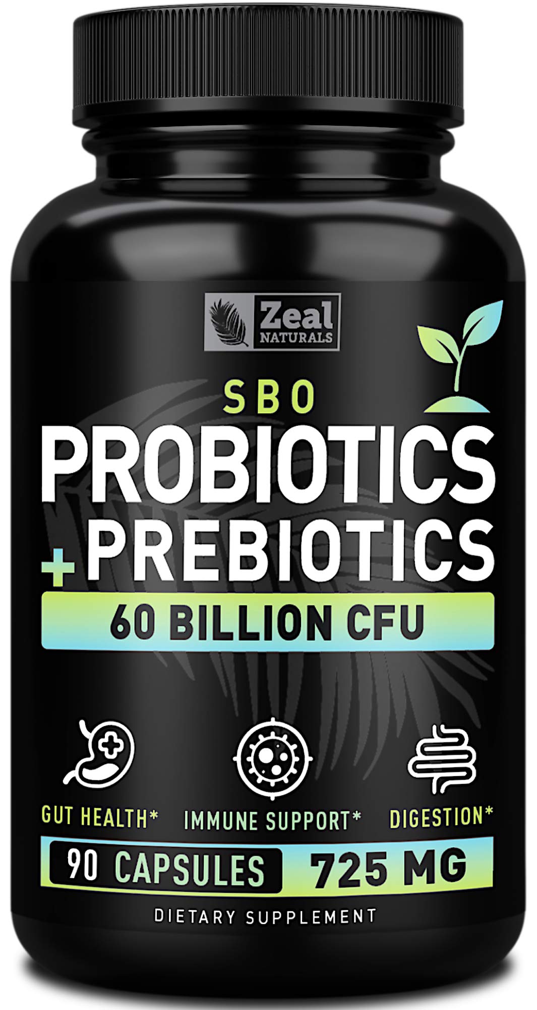 Front view of bottle labeled Probiotics & Prebiotics + SBO Probiotics 60 Billion CFU 90 Capsules