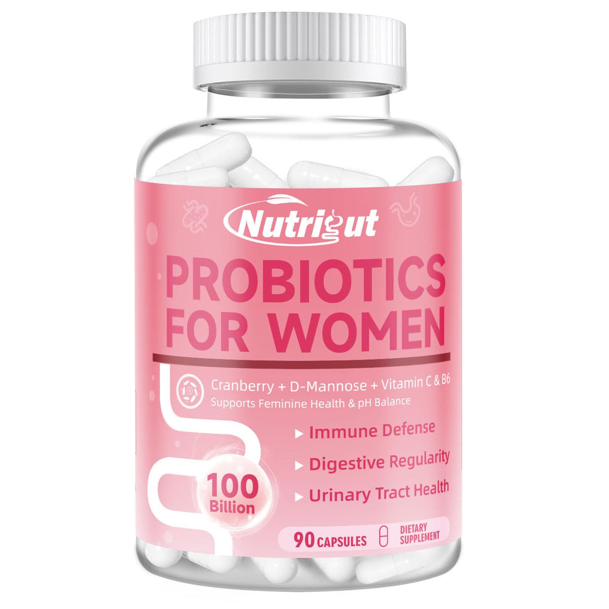 Nutrigut Women Probiotics bottle showing 100 Billion CFUs and 10 strains