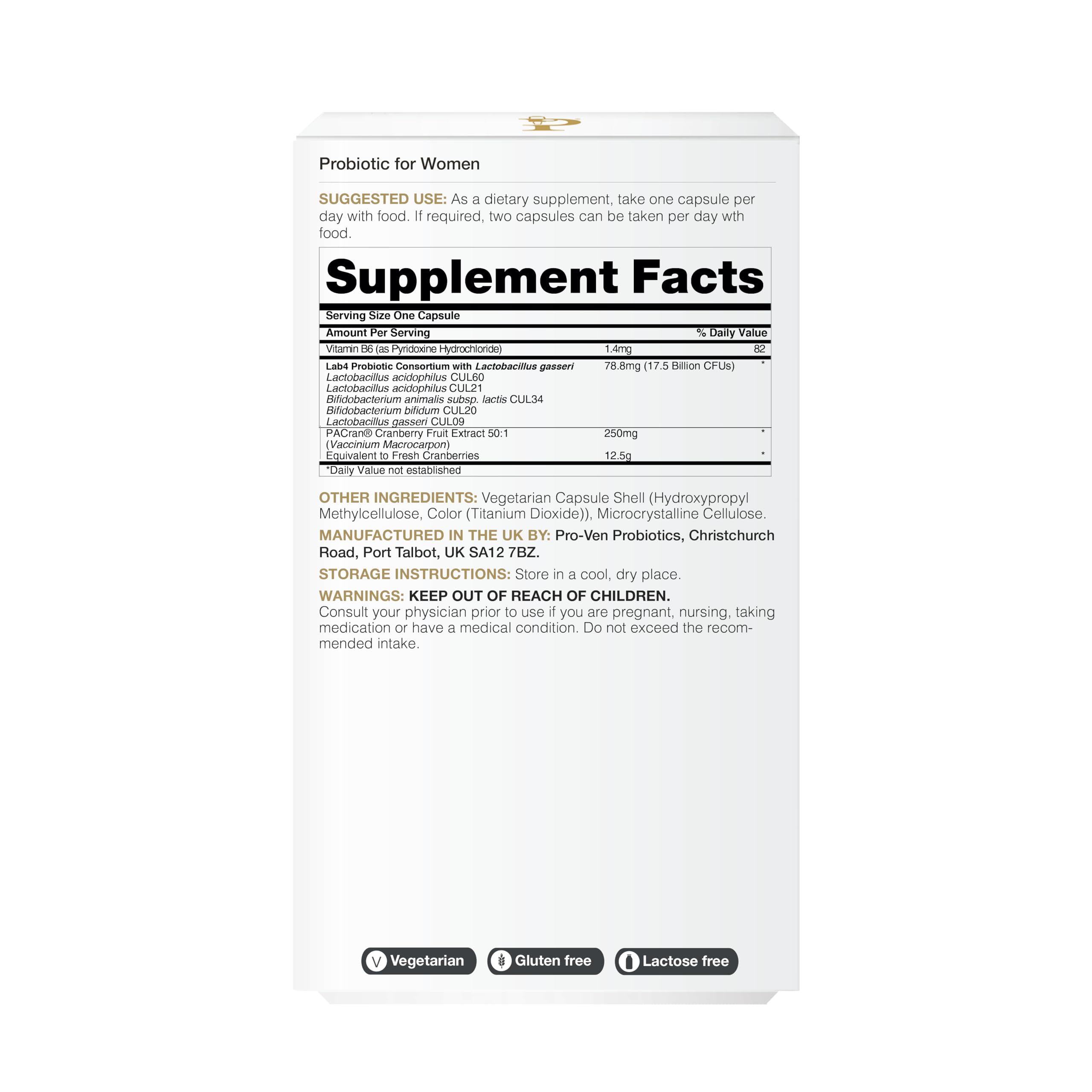 UK-made probiotic label with clinical testing seal