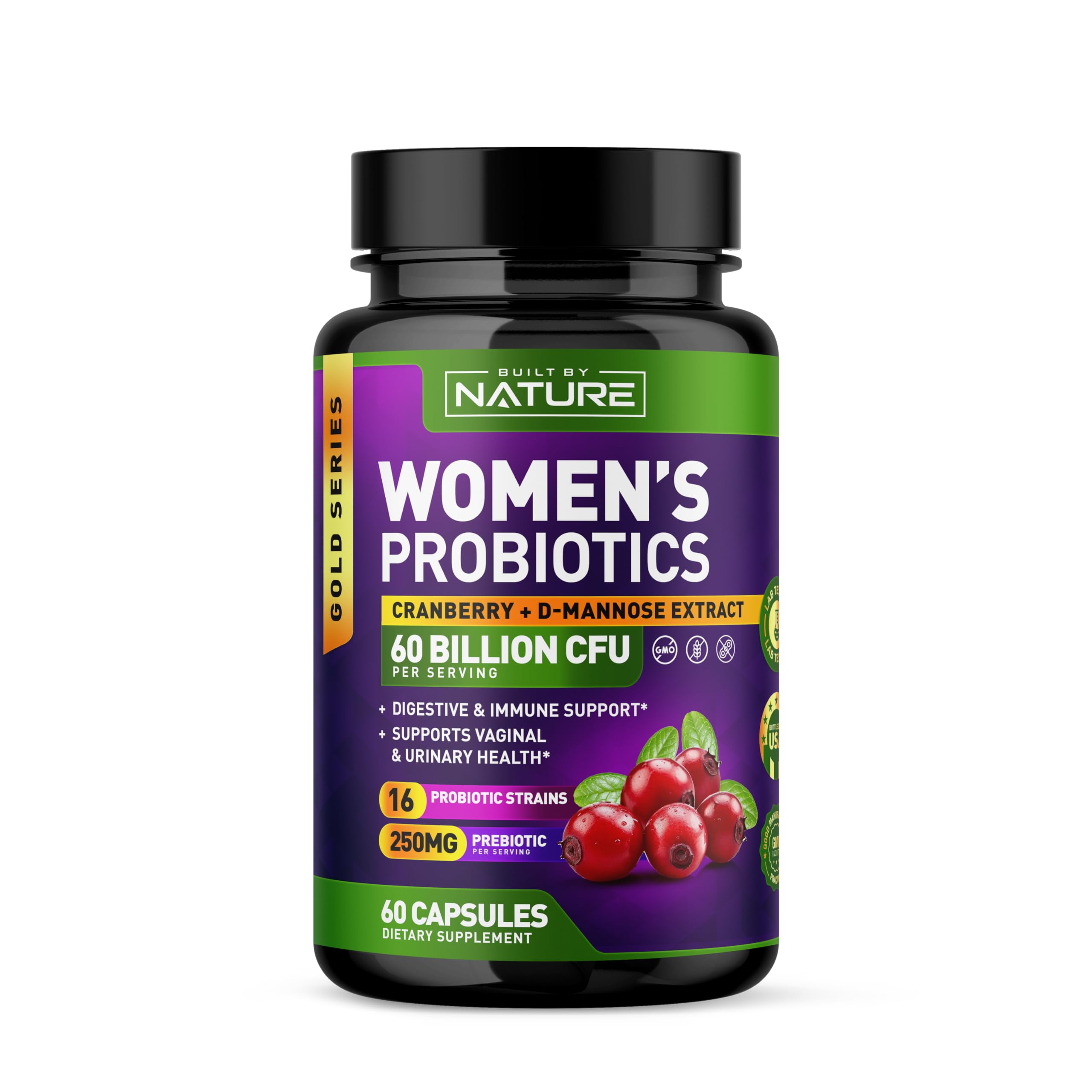 Bottle of Probiotics for Women with Cranberry and D-Mannose, 60B CFUs, 16 strains