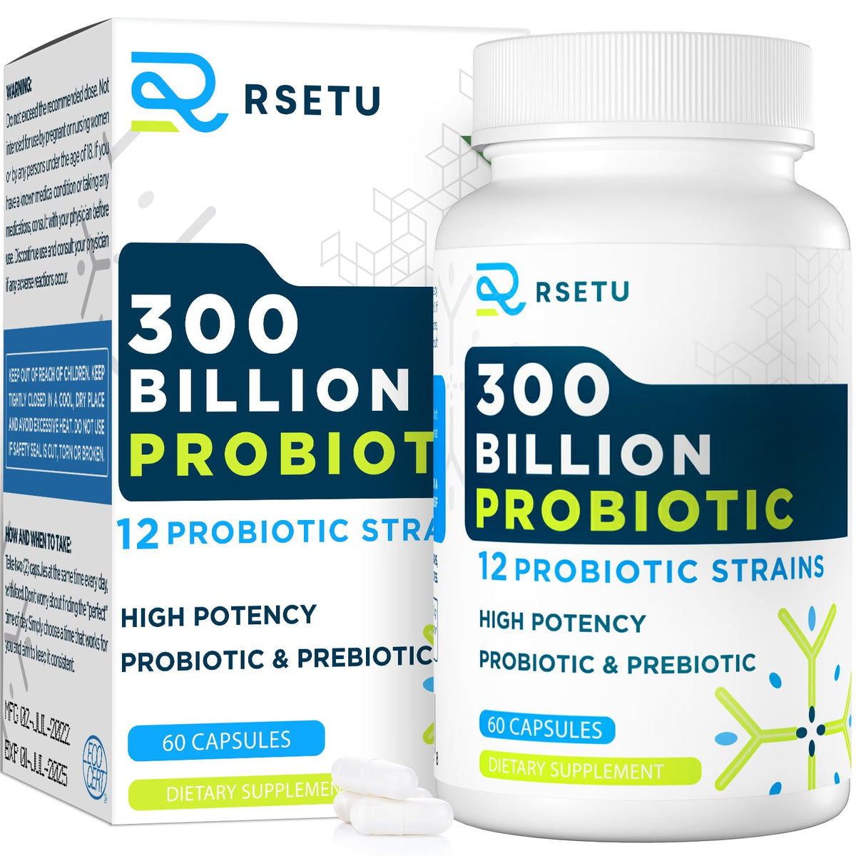Bottle label showing 300B CFU on probiotic packaging