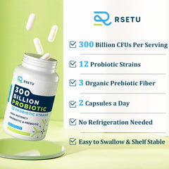 Graphic showing 12 strains and 3 organic prebiotics