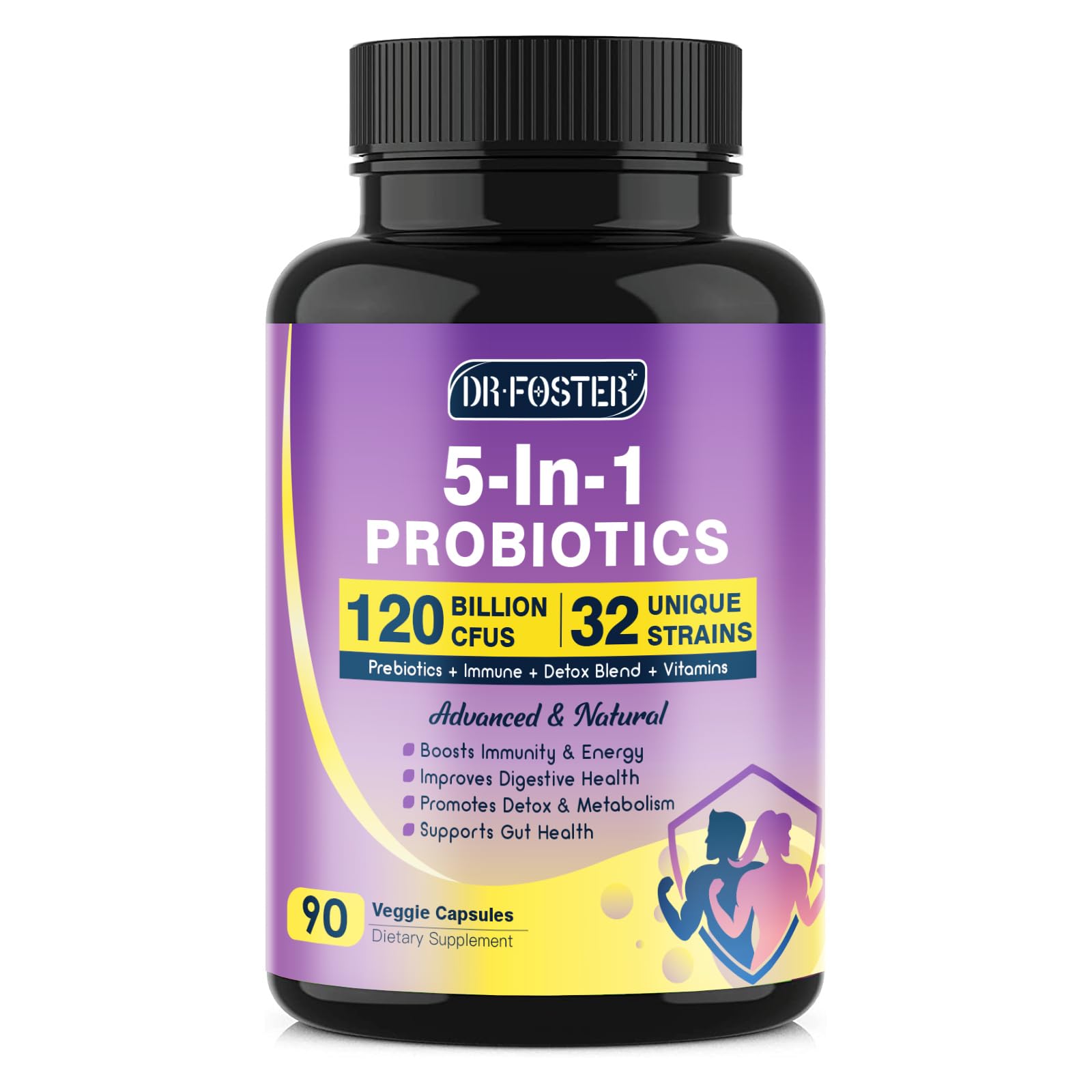 Bottle of probiotics for women and men with 60 Billion CFUs per capsule