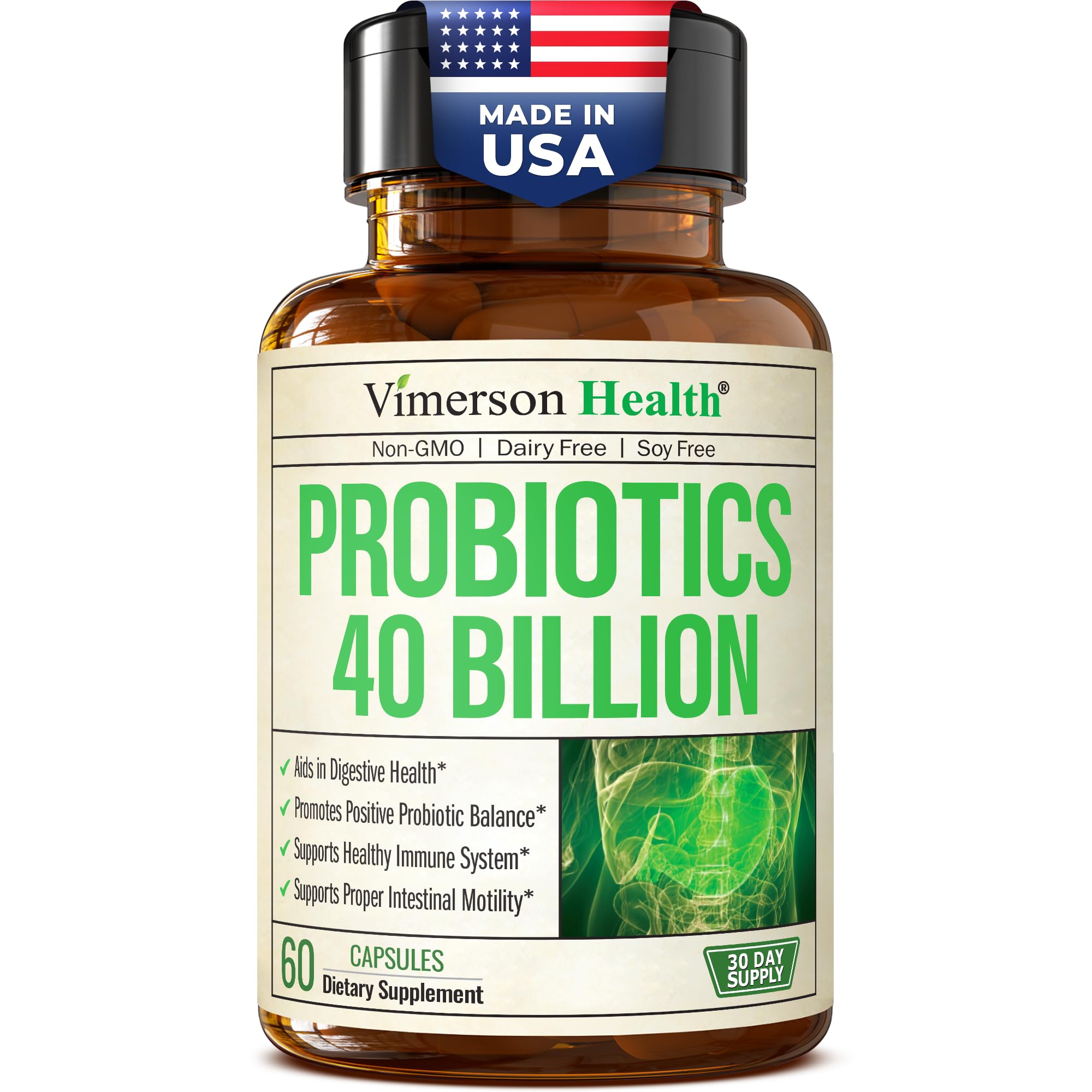 Bottle of 40B CFU probiotic supplement for women and men