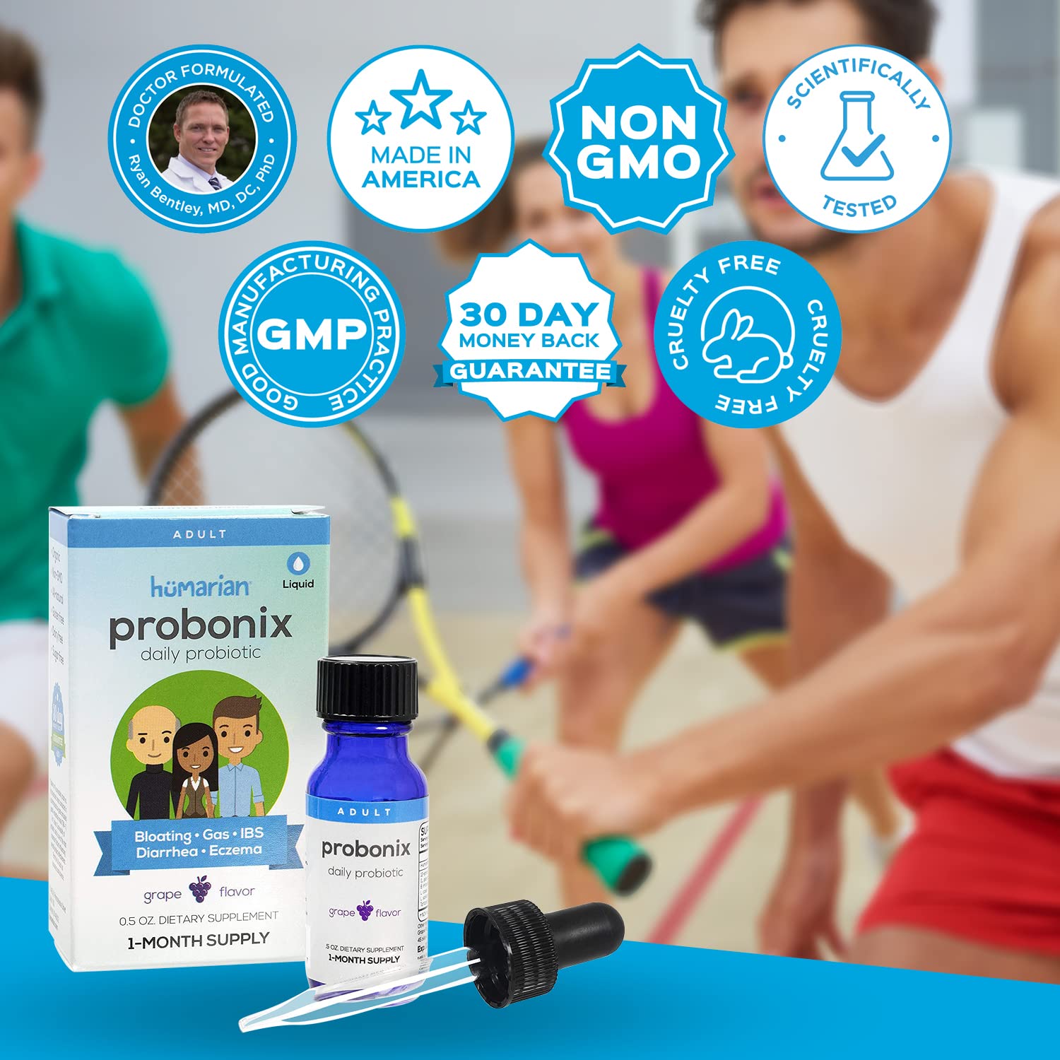 Hands holding a 30-day supply bottle of Probonix Humarian Probiotics