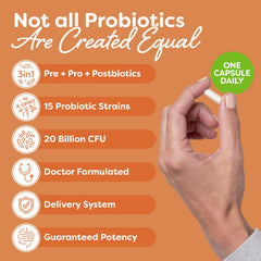 Close-up of bottle showing 15 probiotic strains