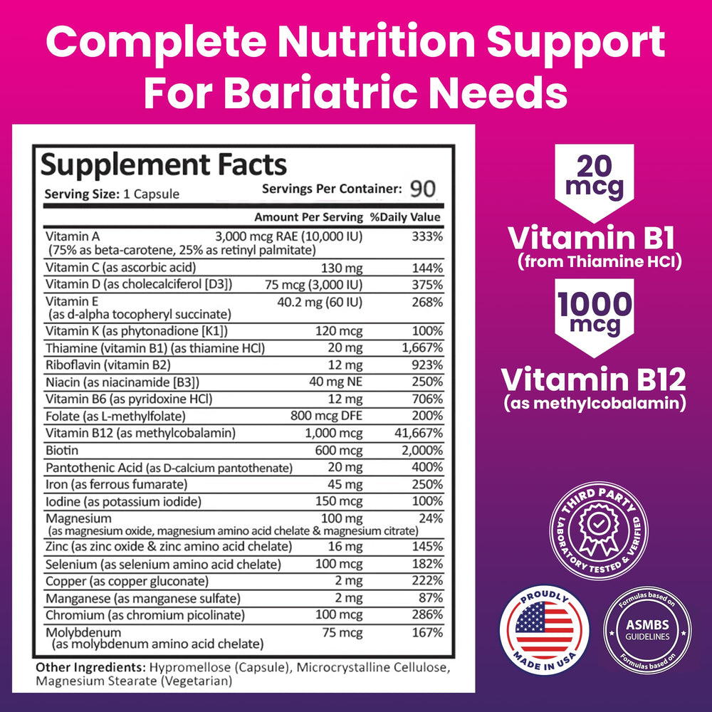 Nutrition facts panel for ProCare Bariatric Multivitamin 45mg Iron