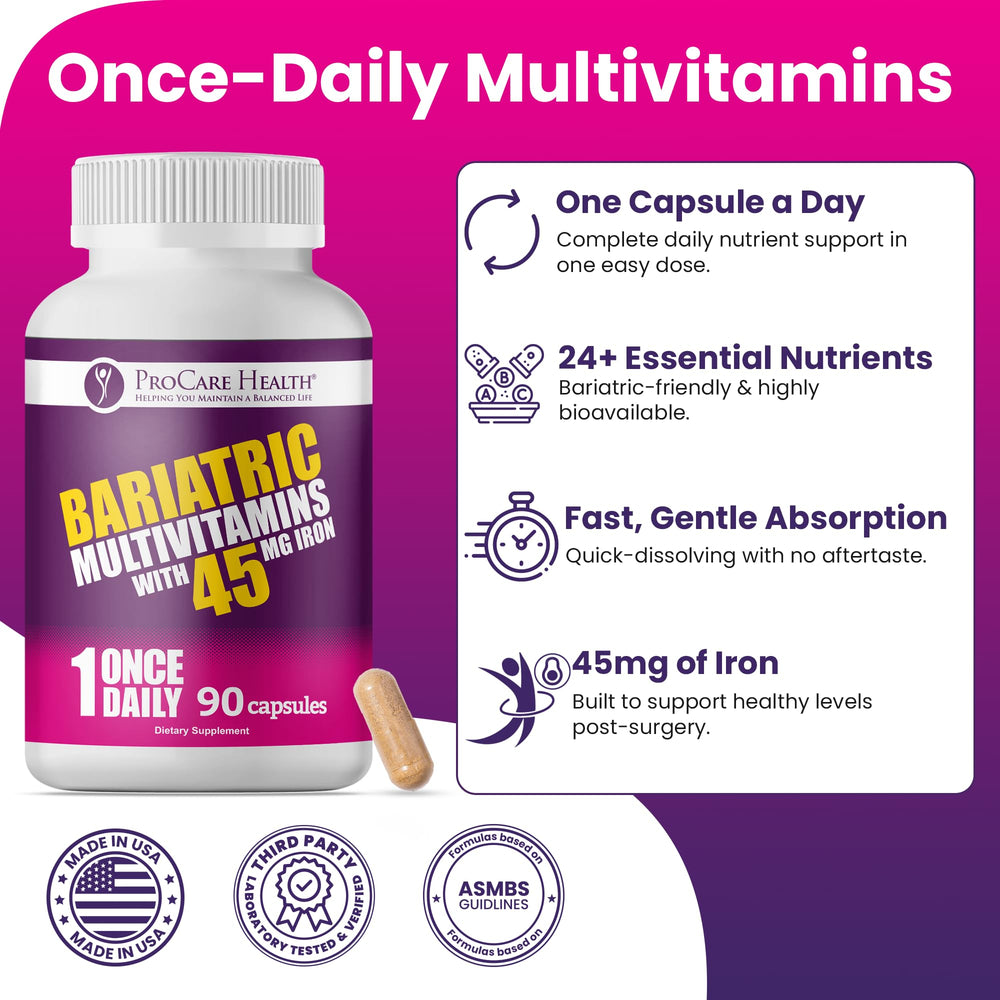 Bottle of ProCare Bariatric Multivitamin 45mg Iron on a shelf