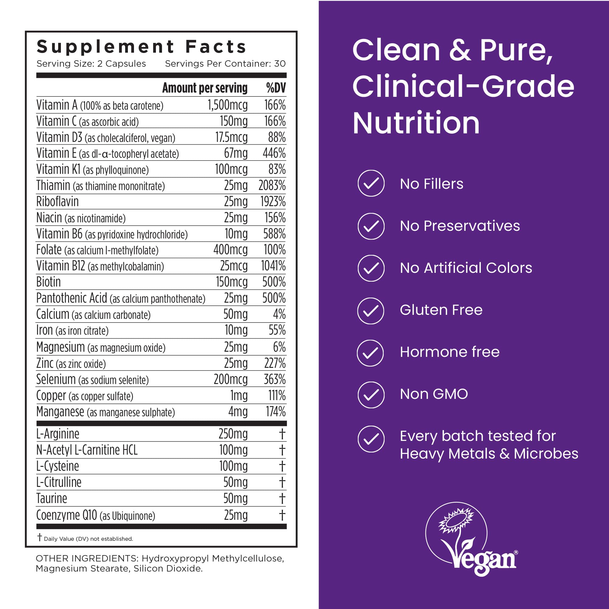 Product packaging emphasizing vegan certification and purity