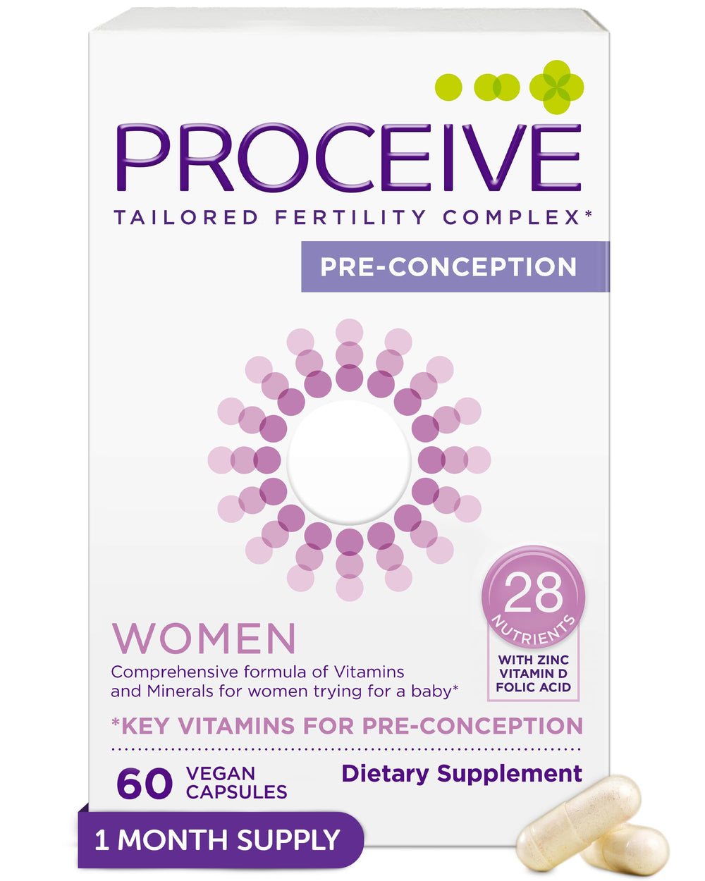 Proceive Women fertility supplement bottle with 60 vegan capsules on white background