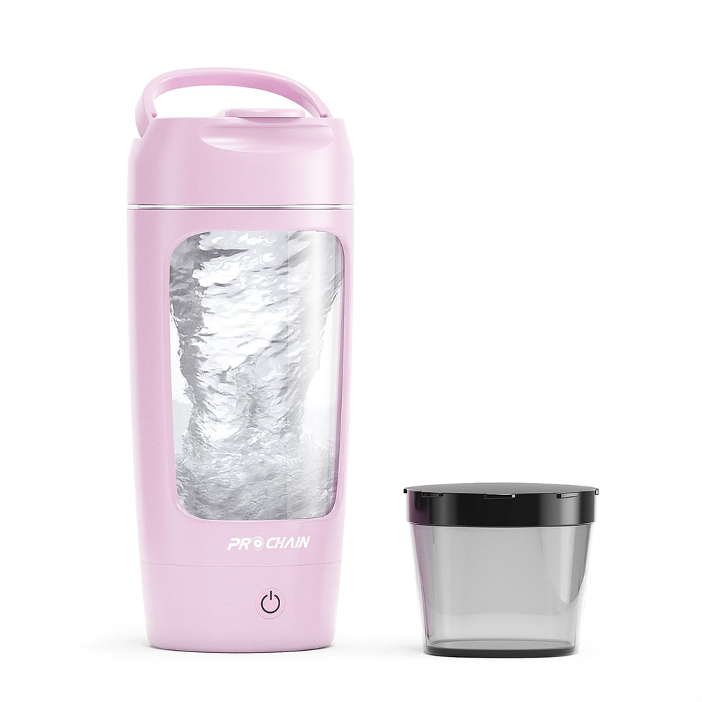 PROCHAIN electric shaker bottle front view shows portable 22 oz capacity for workouts