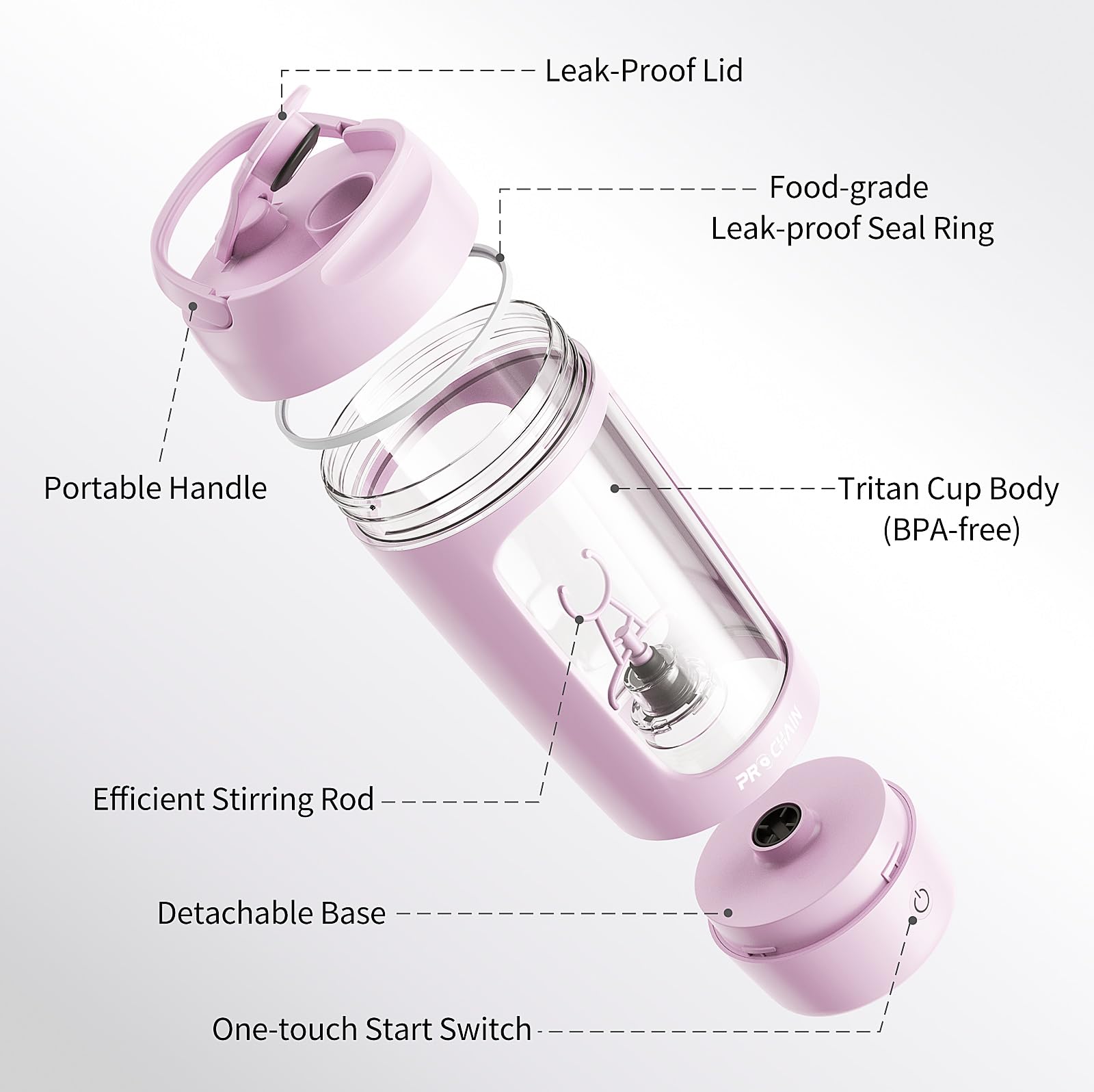 PROCHAIN electric shaker bottle lid open demonstrates easy filling and cleanup