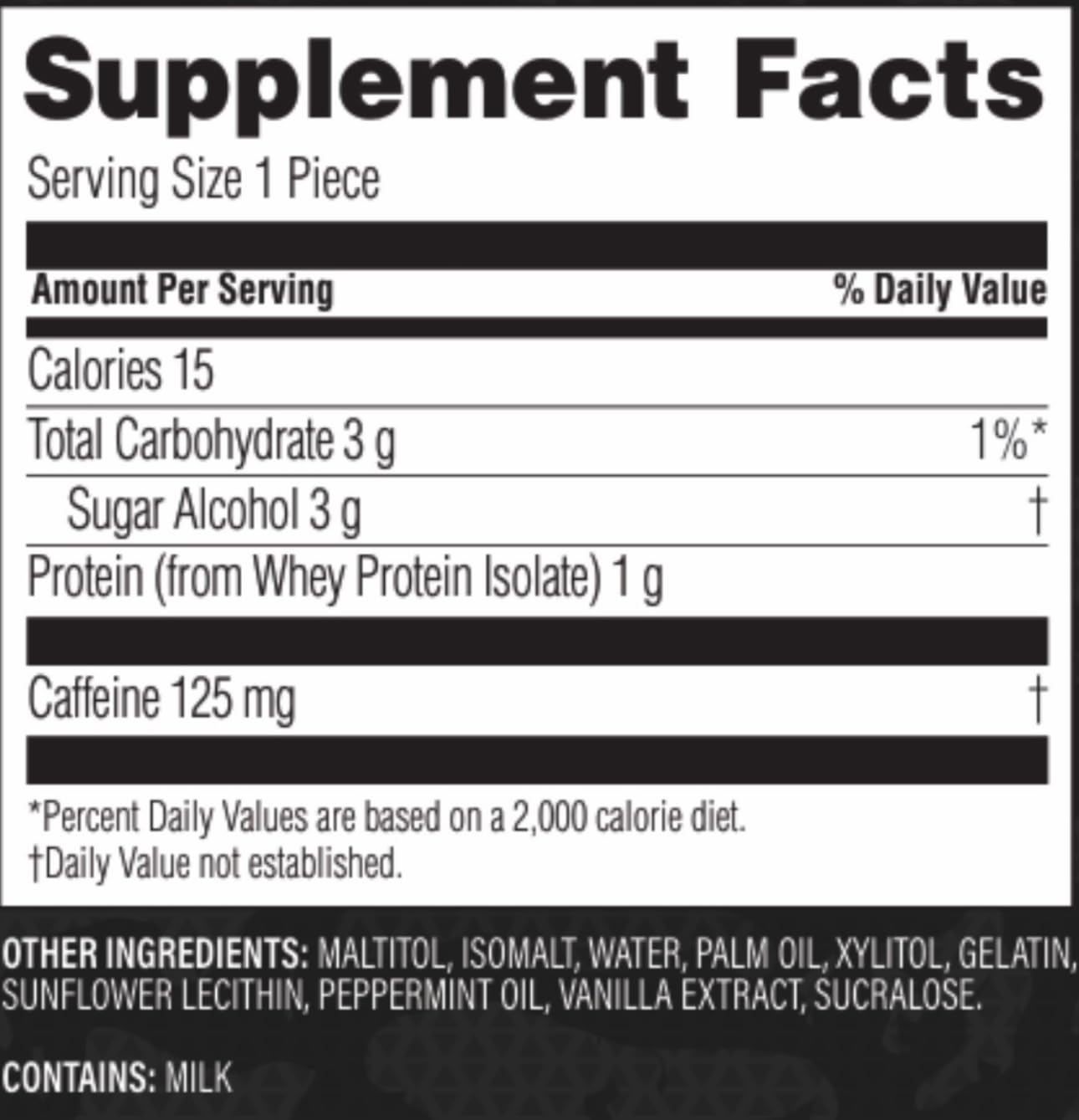 PROCHEW nutrition facts show 15 calories per chew and protein support.