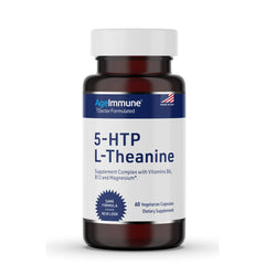 Bottle of 5-HTP formula with L-Theanine, B6, B12, and Magnesium for stress relief