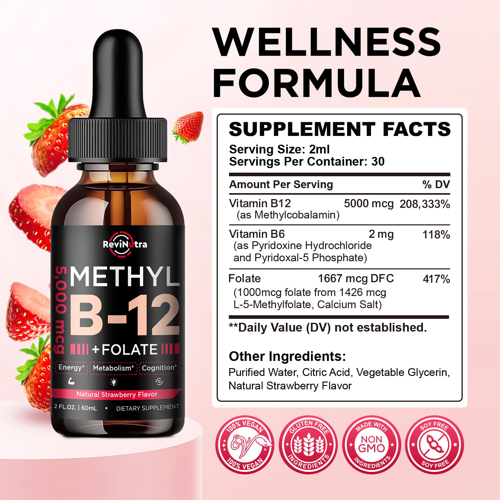 Front view of the B12 liquid drops bottle with strawberry flavor