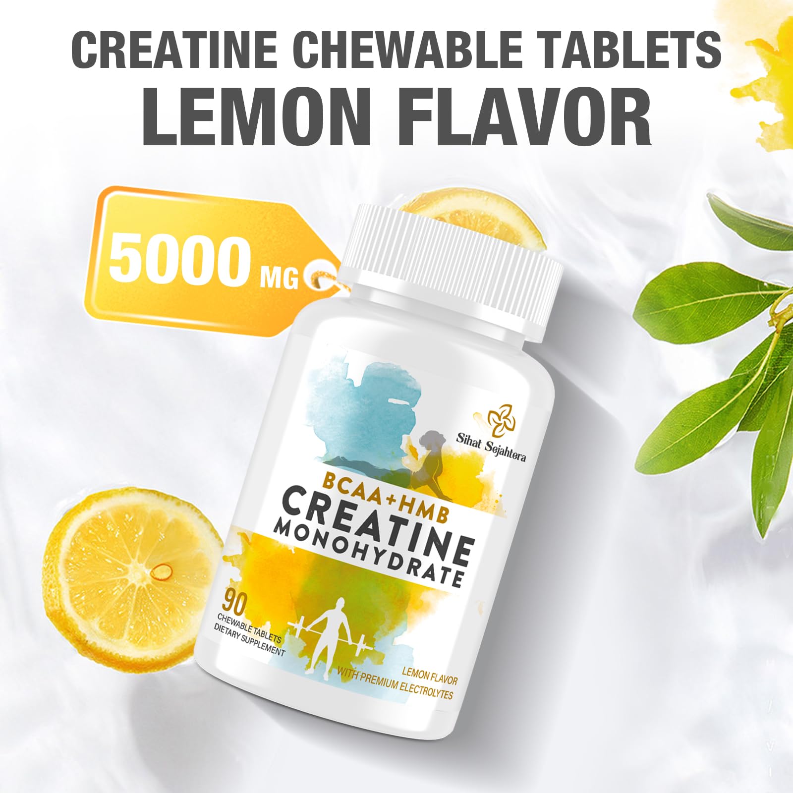 Product display with bottle and lemon slices on gym surface