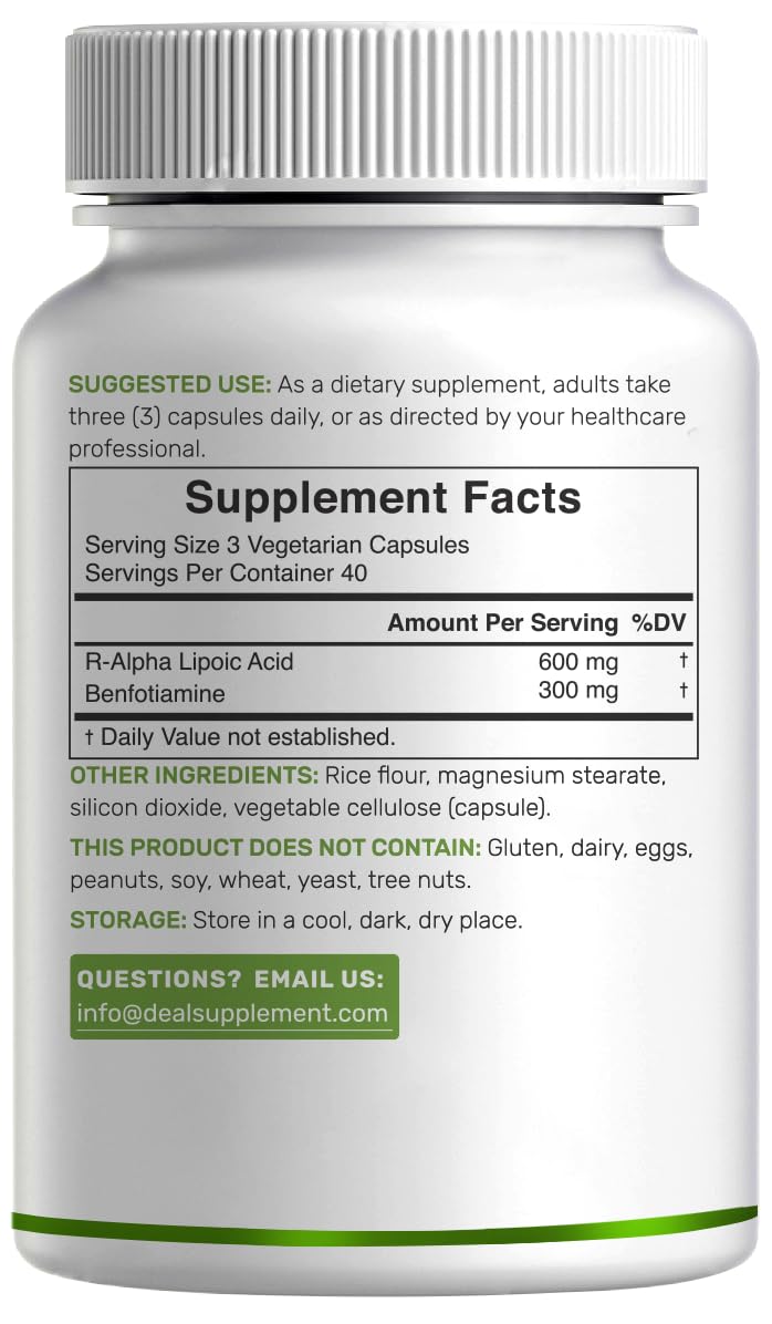 Dosage chart: 600mg R-ALA and 300mg Benfotiamine per dose