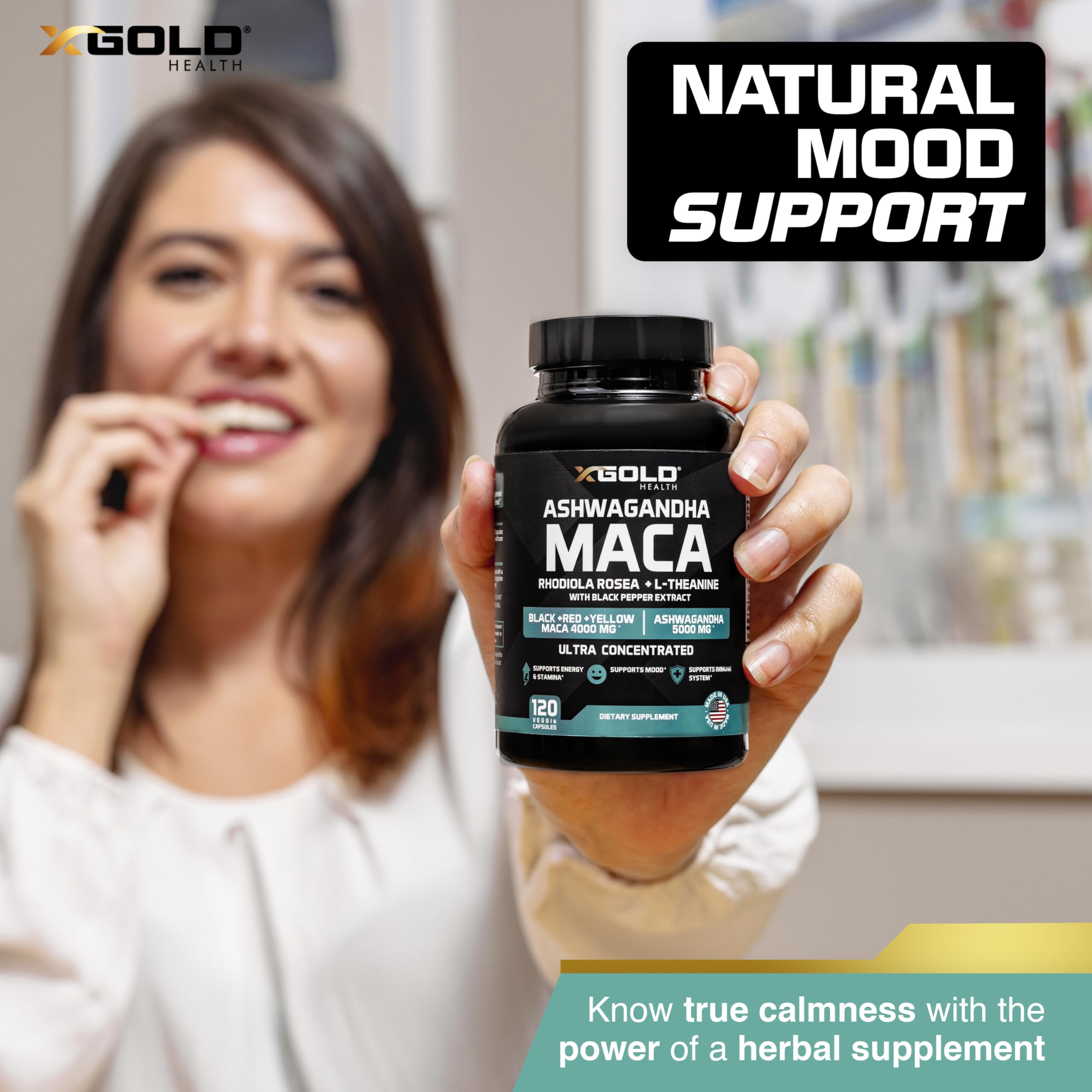 Product packaging showing Ashwagandha Maca supplement label