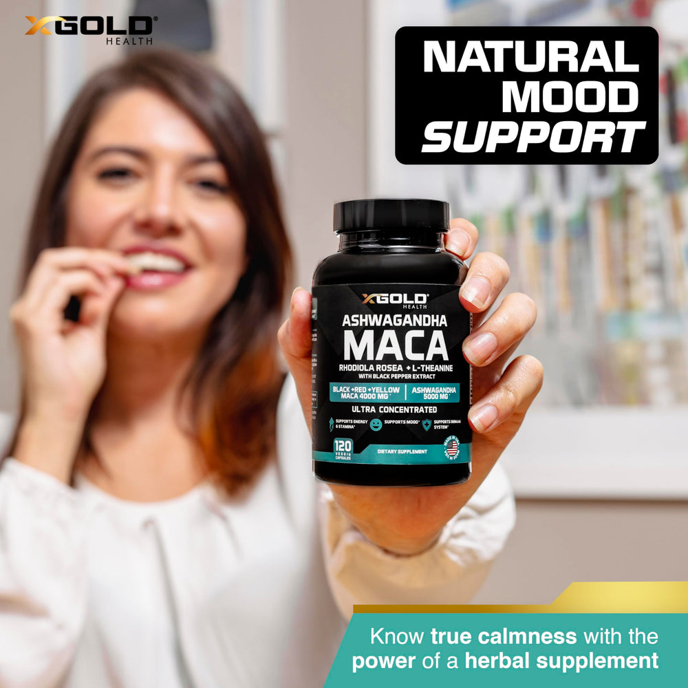 Product packaging showing Ashwagandha Maca supplement label